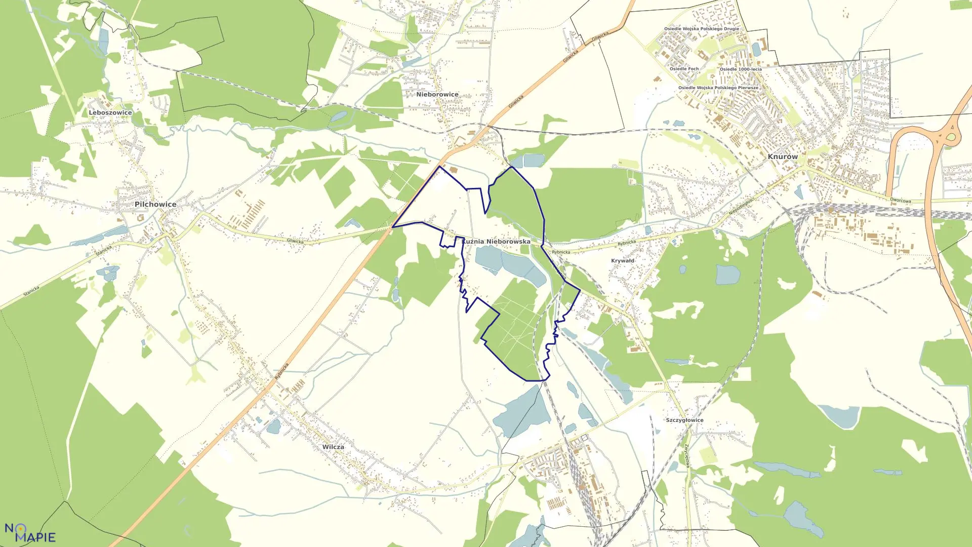 Mapa obrębu Kuźnia Nieborowska w gminie Pilchowice