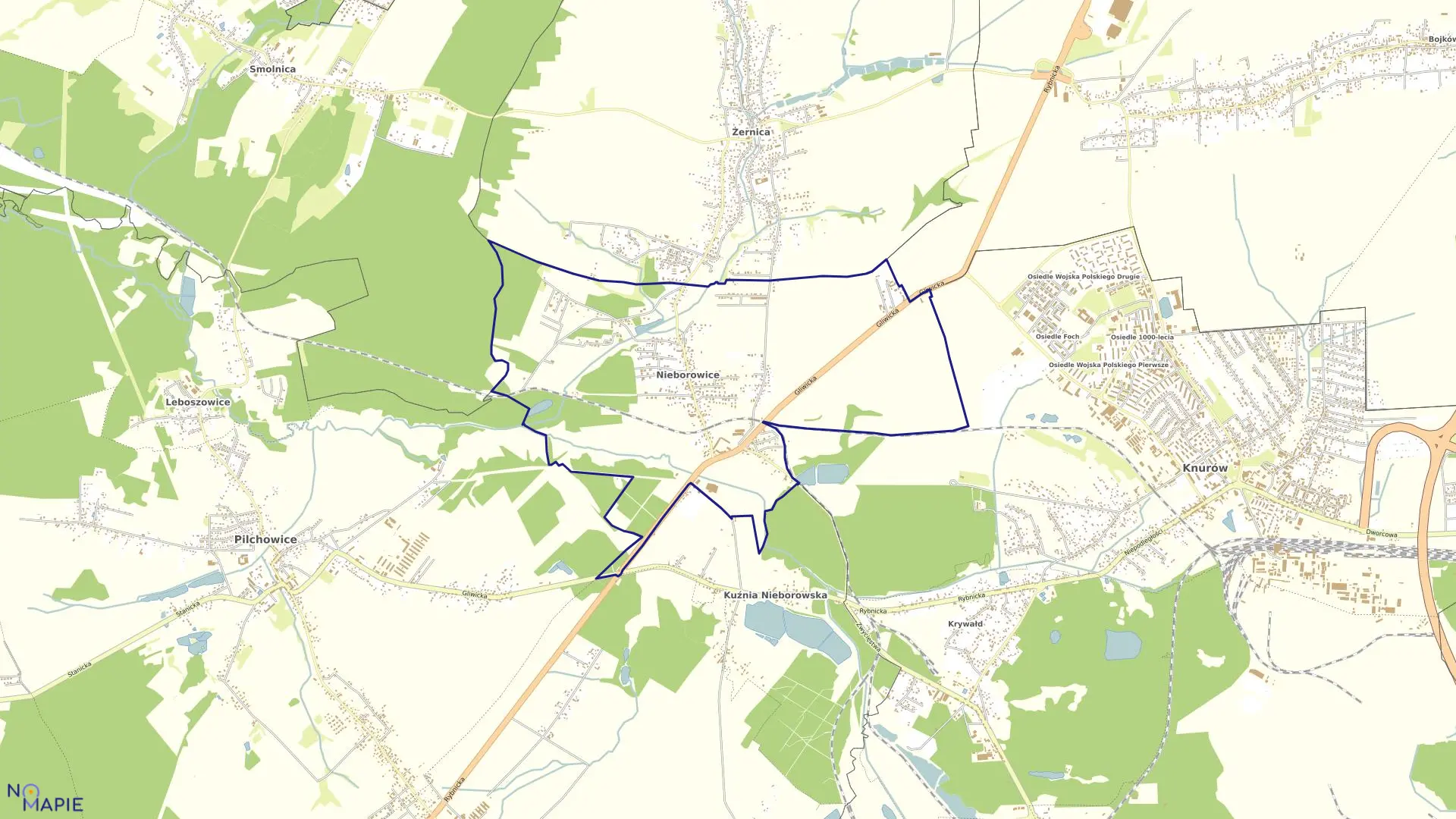 Mapa obrębu Nieborowice w gminie Pilchowice
