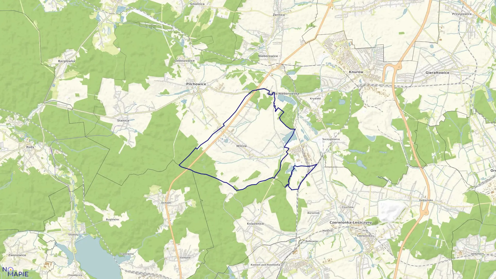 Mapa obrębu Wilcza w gminie Pilchowice