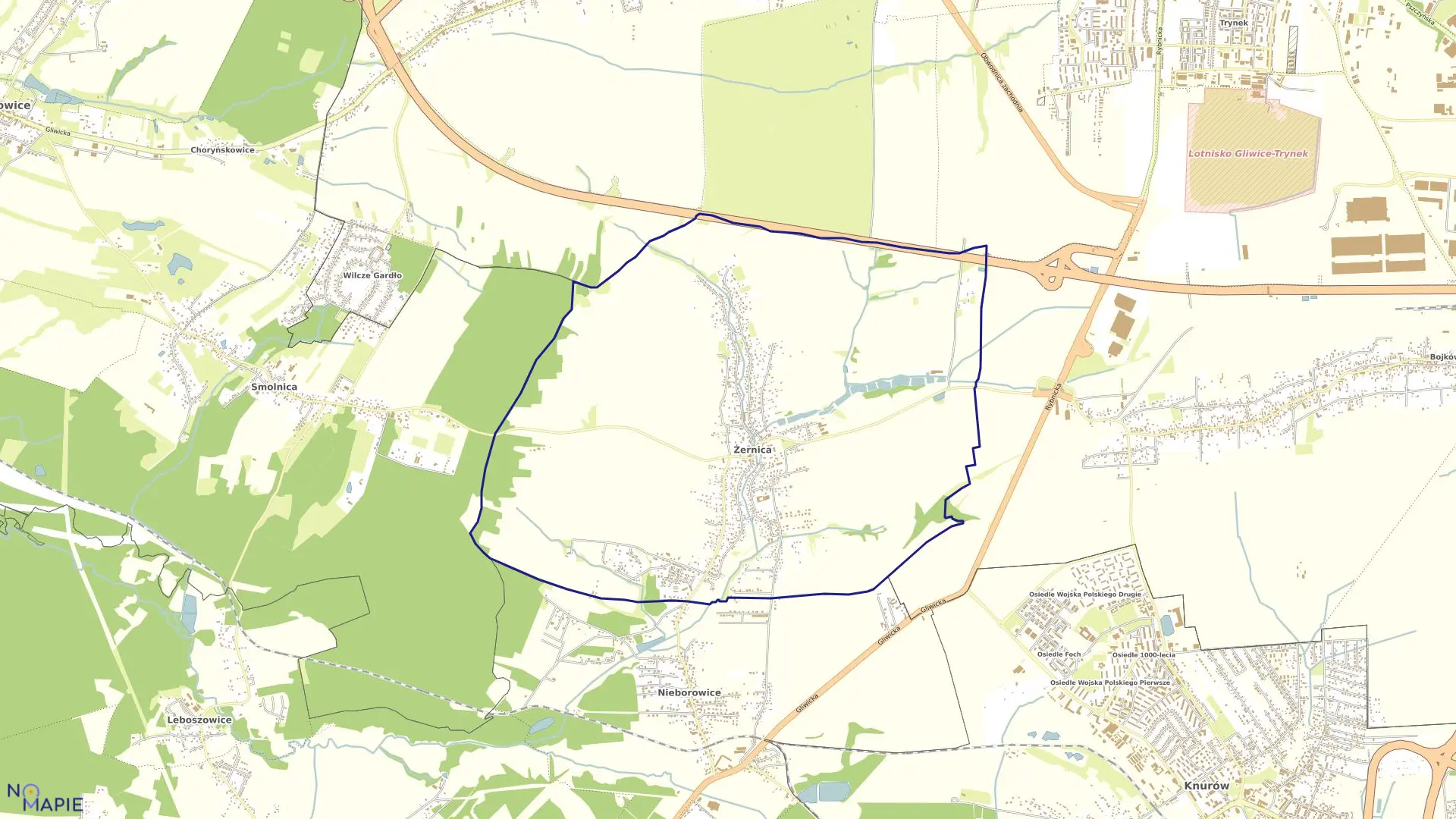 Mapa obrębu Żernica w gminie Pilchowice